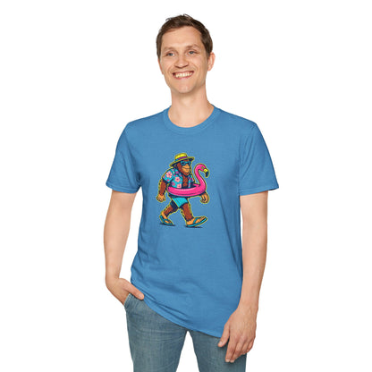 Beach Vacation Bigfoot Tee — Funny Sasquatch with Flamingo Float Shirt