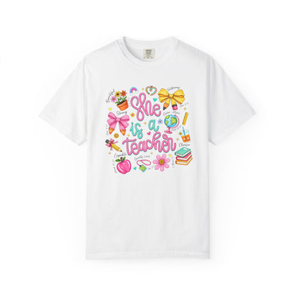 Teacher T-Shirt — "She is a Teacher" Cute School Supplies Design