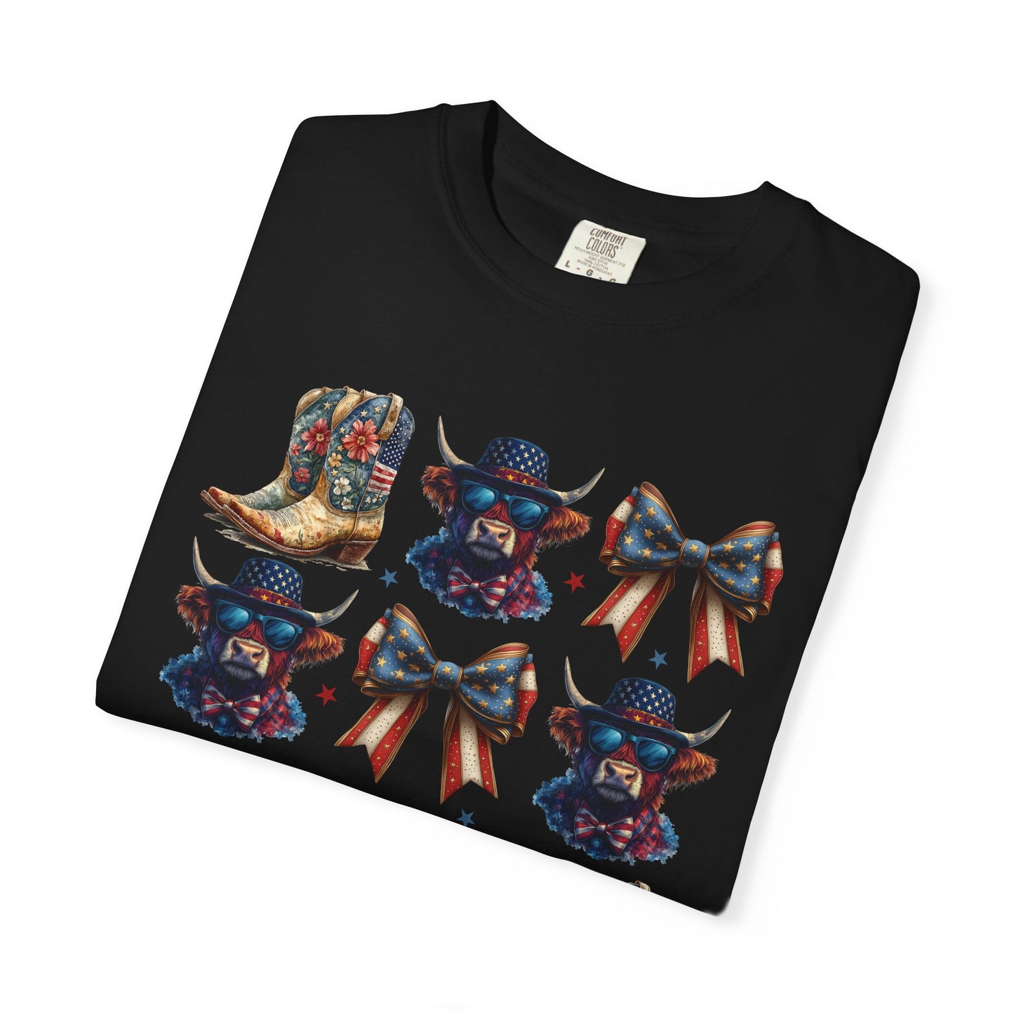 Patriotic Cowboy Icons T-Shirt — Western Boots, Hats & Bows Graphic Tee
