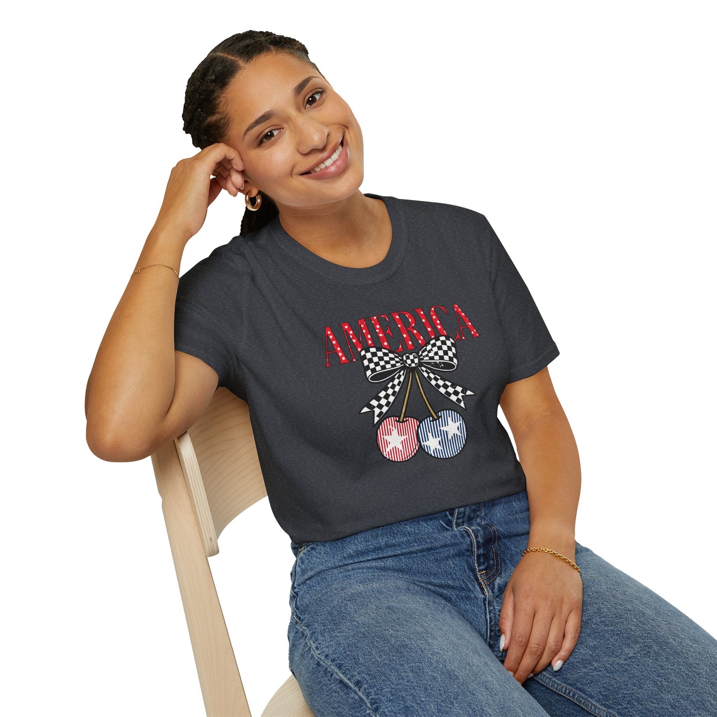 America Cherry Graphic T-Shirt – Patriotic Stars & Stripes Fourth of July Tee