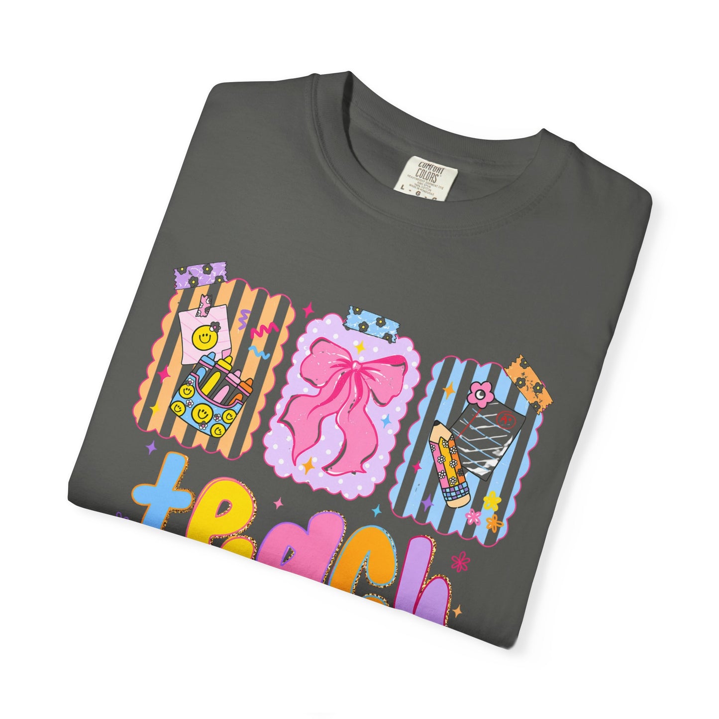 Teacher Gift T‑Shirt — Colorful 'Teach' Classroom Apple & Supplies Design