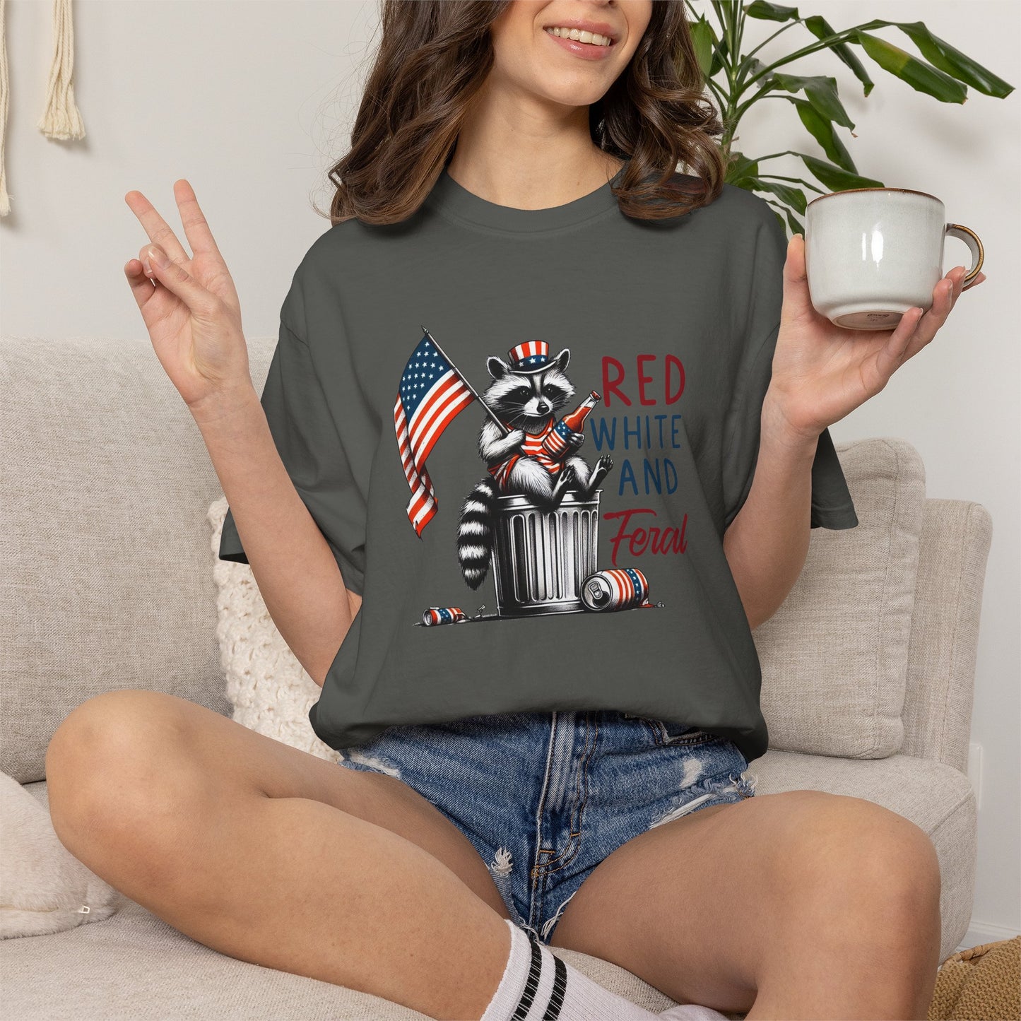 T-Shirt — 'Red, White and Feral' Raccoon American Flag Graphic