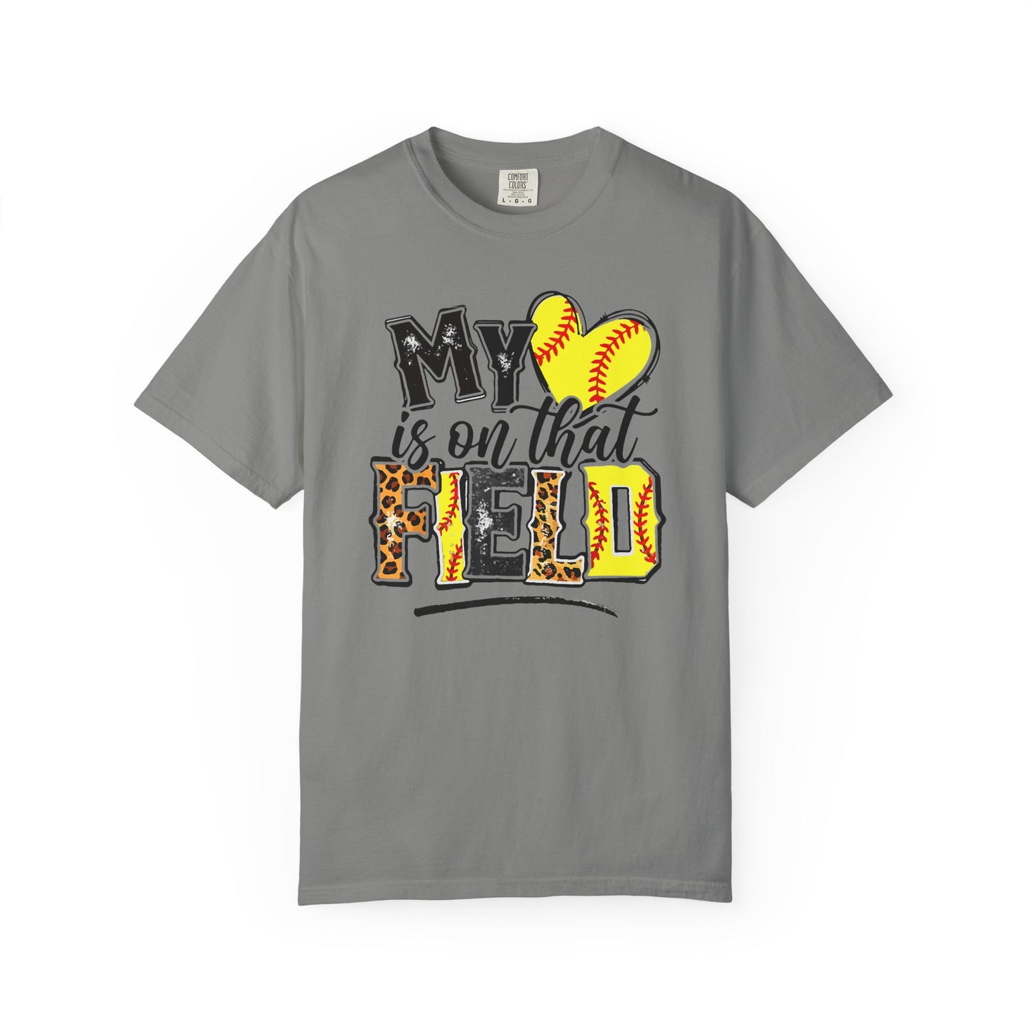 Softball Mom T-Shirt - "My Heart is on That Field" Leopard Stitch Design