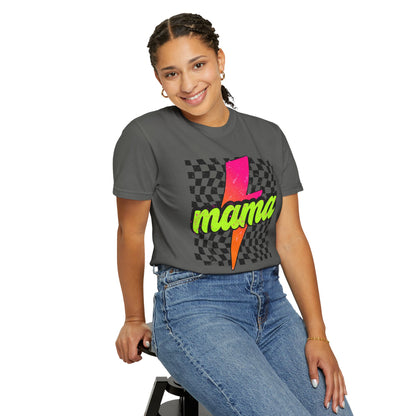 Mama Lightning Bolt T-Shirt — Retro Neon Checkered Graphic Tee for Moms
