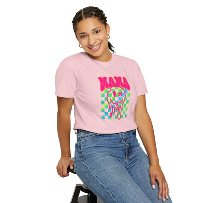 Mama Meltdown Graphic T-Shirt — Neon Checkerboard Drip Design
