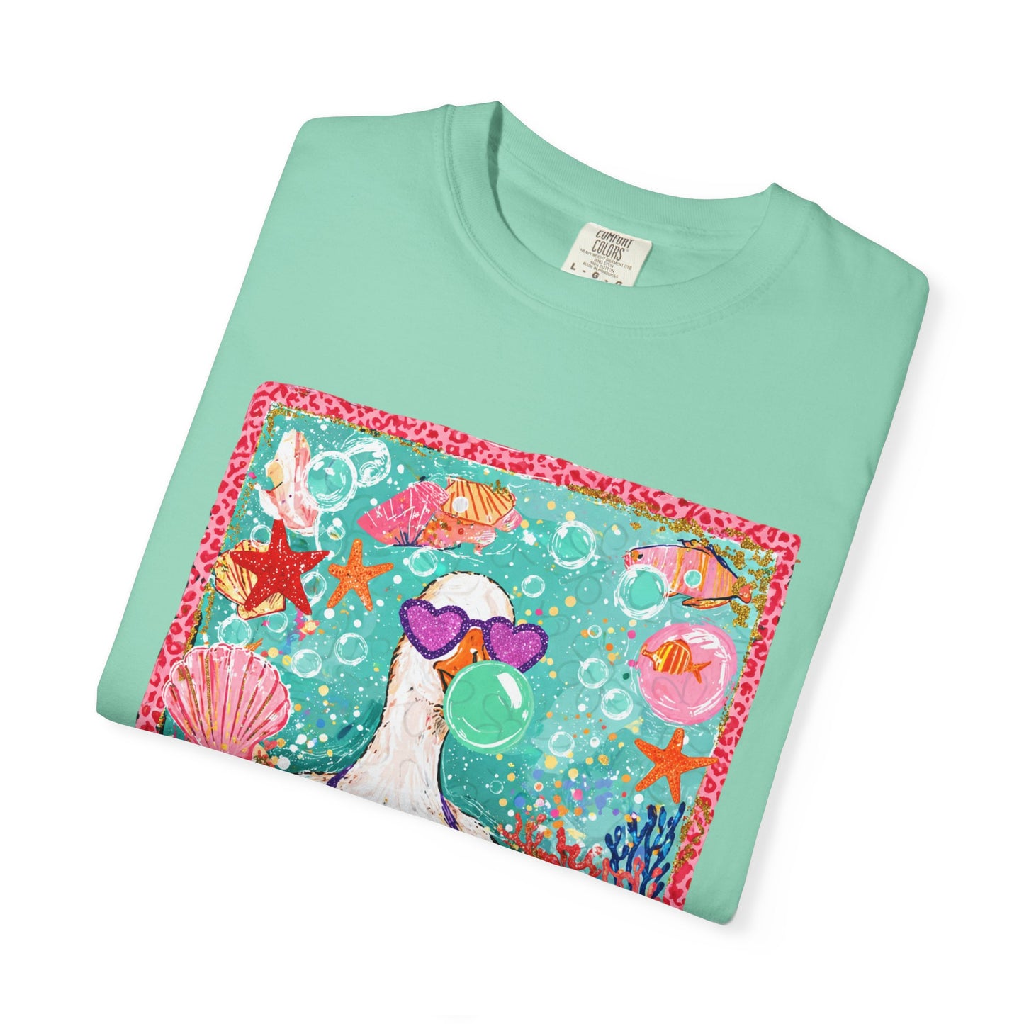 Sea Duck Mermaid T-Shirt — Whimsical Beach Graphic Tee with Sunglasses & Shell Bra