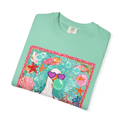 Sea Duck Mermaid T-Shirt — Whimsical Beach Graphic Tee with Sunglasses & Shell Bra