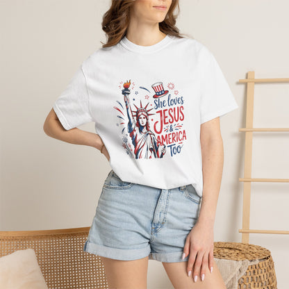 She Loves Jesus & America Tee — Patriotic Statue of Liberty Christian T-Shirt