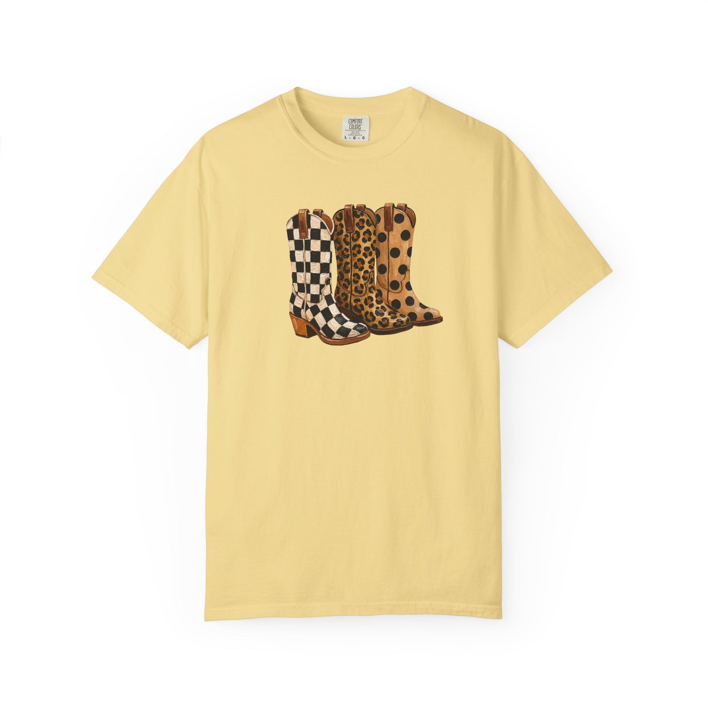 Cowgirl Boots Graphic T-Shirt — Checker & Leopard Print Western Tee