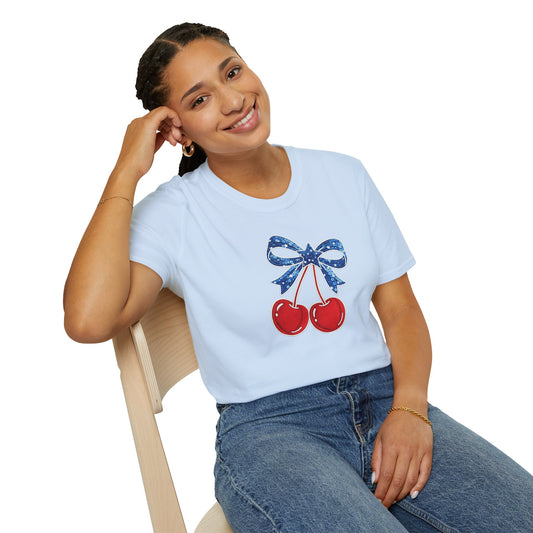 Cherry Graphic T-Shirt — Vintage Red Cherries with Blue Bow