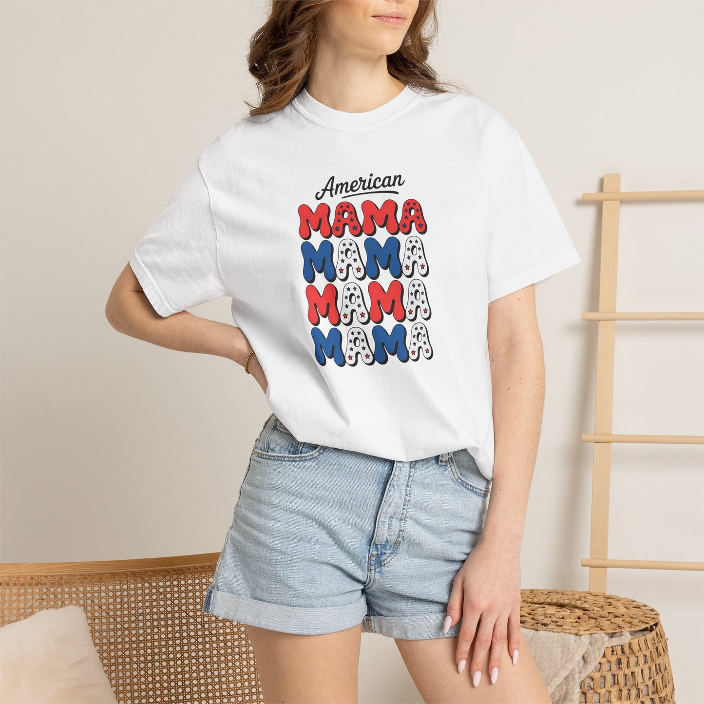 American Mama Graphic T-Shirt – Patriotic Red White Blue Mom Tee