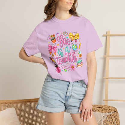 Teacher T-Shirt — "She is a Teacher" Cute School Supplies Design
