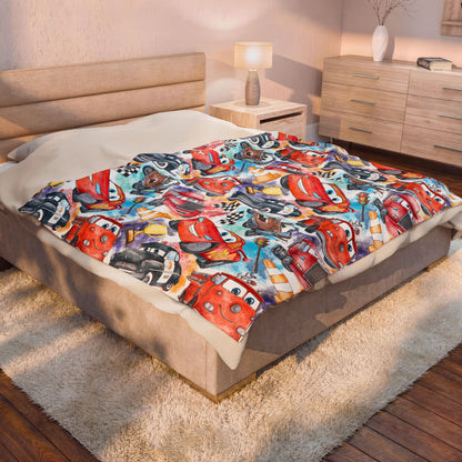 Kids' Plush Velveteen Blanket — Colorful Cartoon Race Car Pattern
