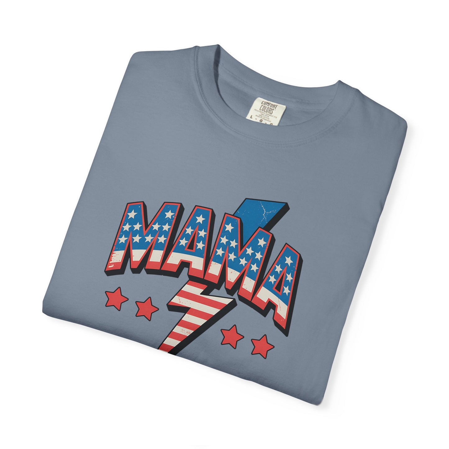 Mama Lightning Bolt Graphic Tee — Patriotic Stars & Stripes Mom T-Shirt