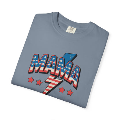 Mama Lightning Bolt Graphic Tee — Patriotic Stars & Stripes Mom T-Shirt