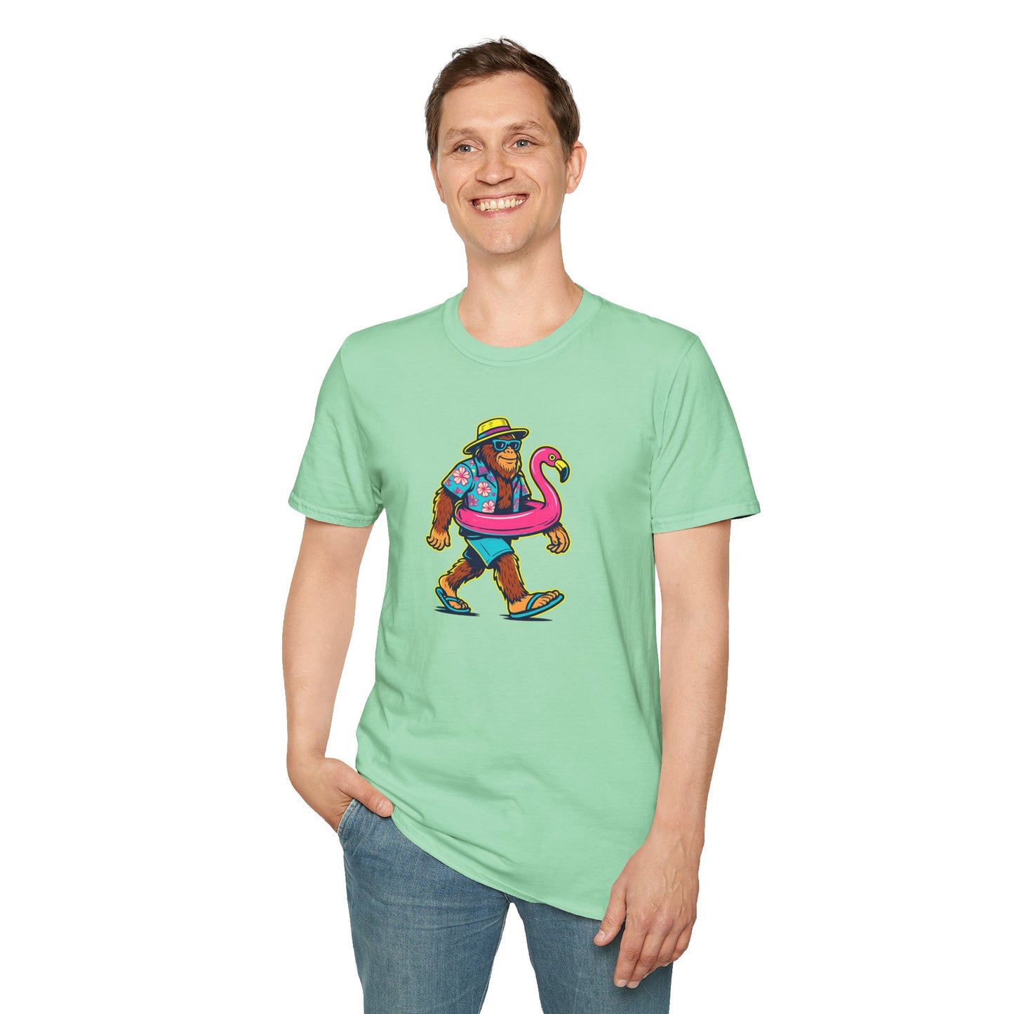 Beach Vacation Bigfoot Tee — Funny Sasquatch with Flamingo Float Shirt
