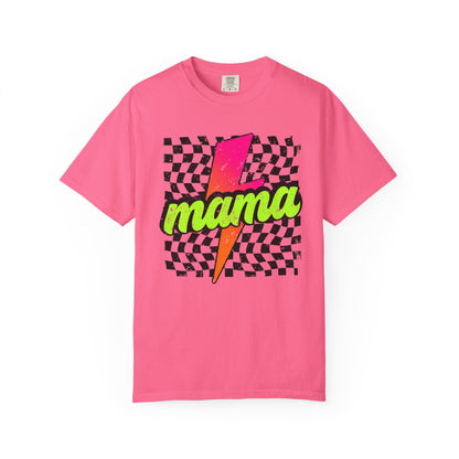 Mama Lightning Bolt T-Shirt — Retro Neon Checkered Graphic Tee for Moms