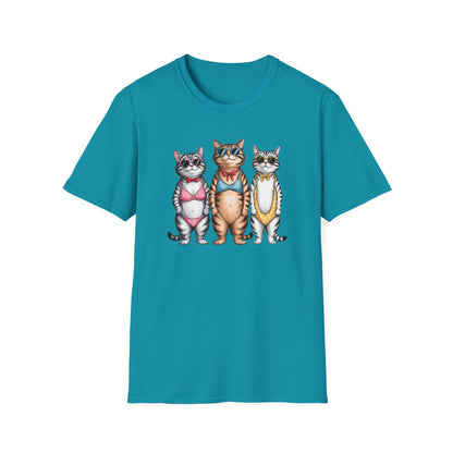 Funny Cats in Bathing Suits T-Shirt — Retro Trio Cat Beach Tee
