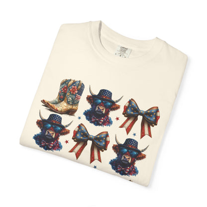 Patriotic Cowboy Icons T-Shirt — Western Boots, Hats & Bows Graphic Tee