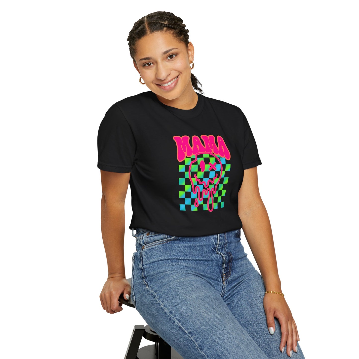 Mama Meltdown Graphic T-Shirt — Neon Checkerboard Drip Design