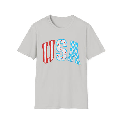 USA Patriotic T-Shirt — Red White & Blue Lettering Tee