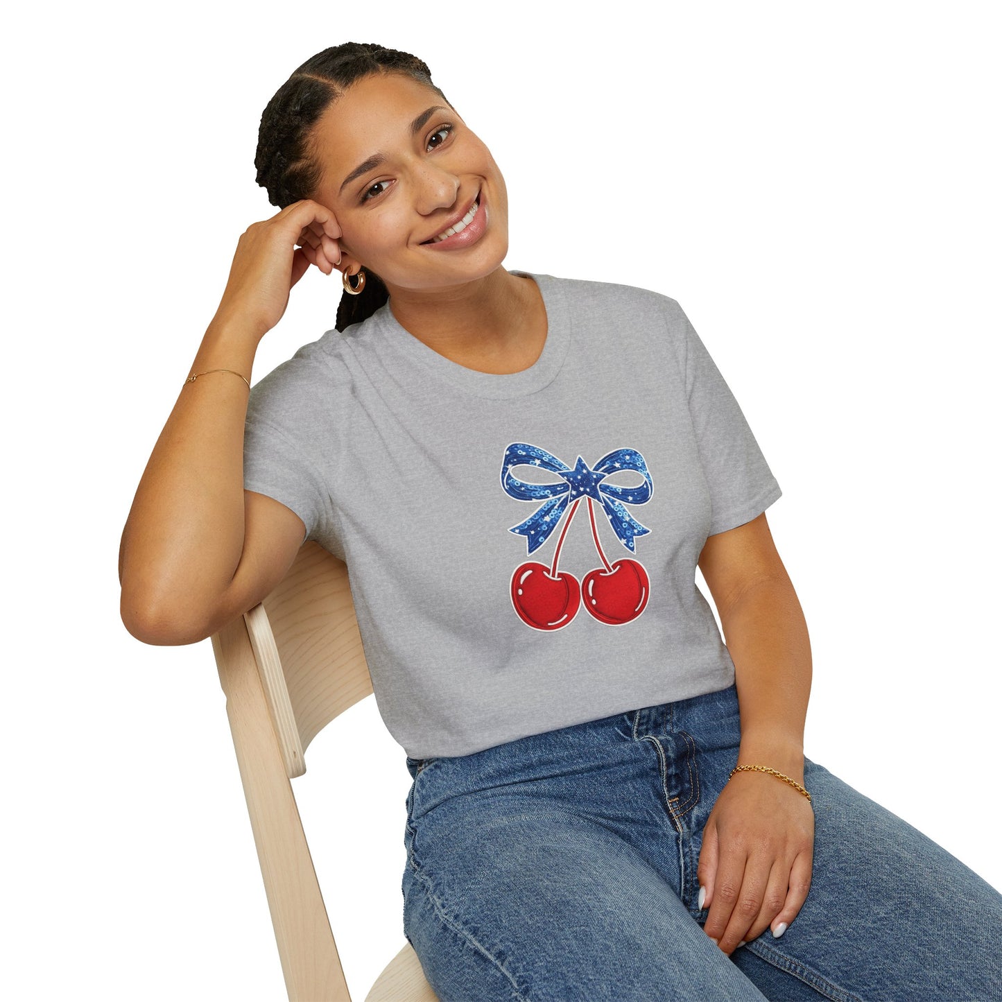 Cherry Graphic T-Shirt — Vintage Red Cherries with Blue Bow