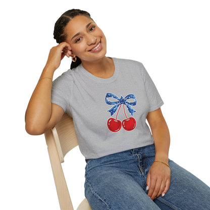 Cherry Graphic T-Shirt — Vintage Red Cherries with Blue Bow