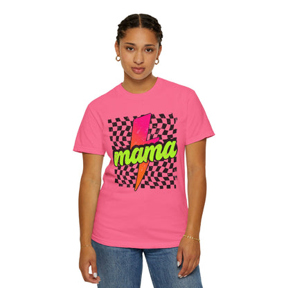 Mama Lightning Bolt T-Shirt — Retro Neon Checkered Graphic Tee for Moms