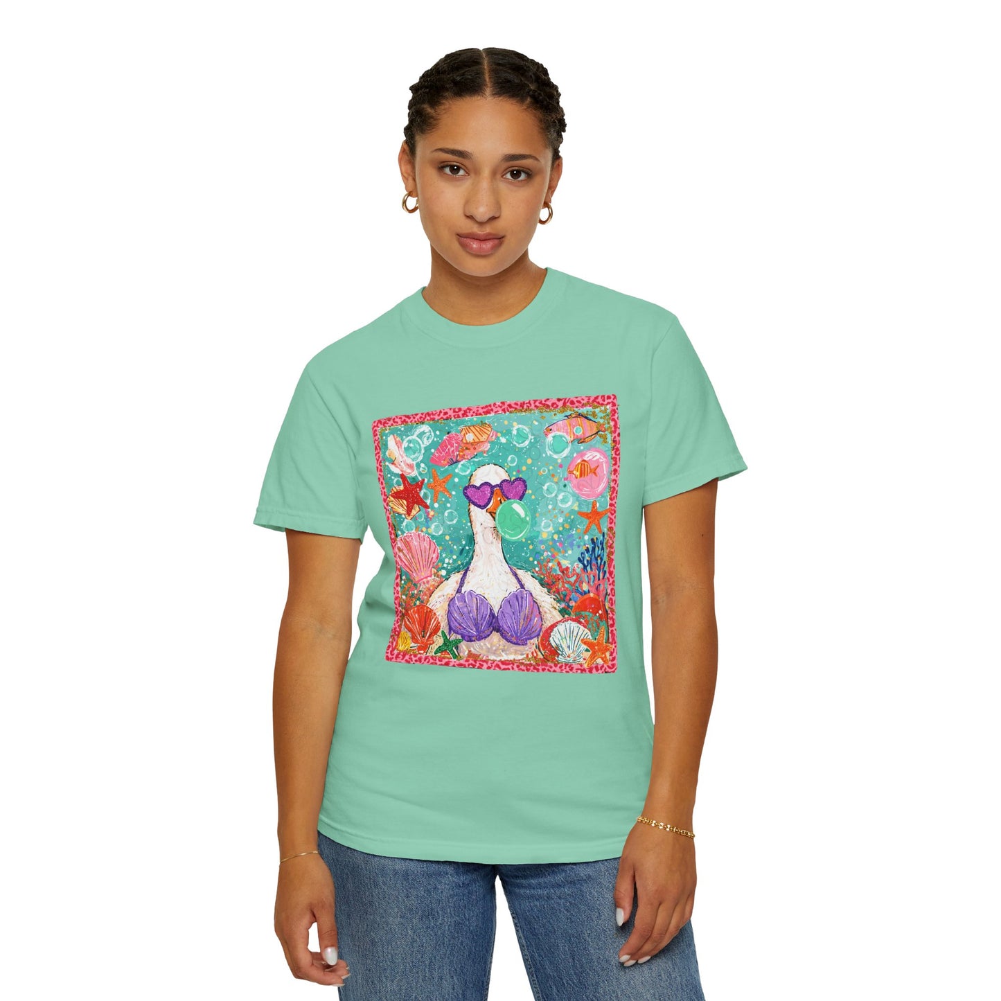 Sea Duck Mermaid T-Shirt — Whimsical Beach Graphic Tee with Sunglasses & Shell Bra
