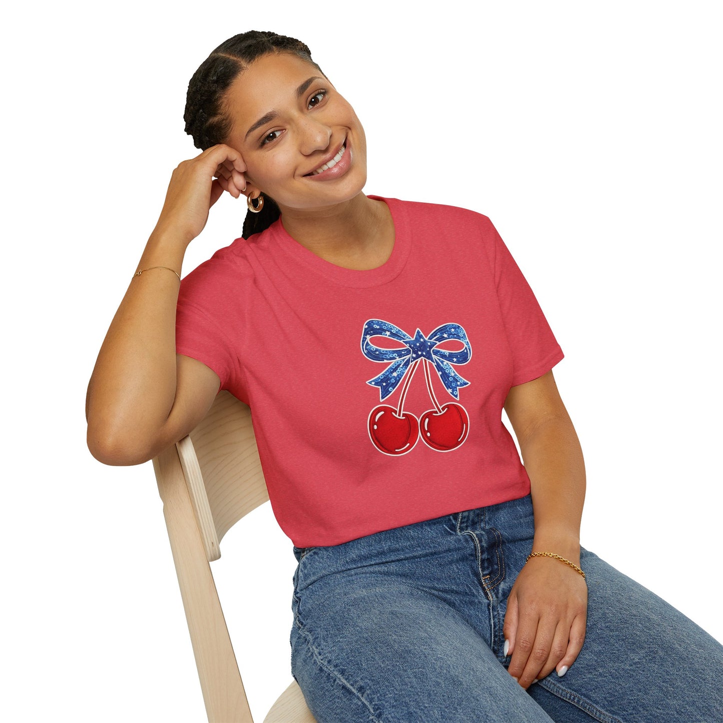 Cherry Graphic T-Shirt — Vintage Red Cherries with Blue Bow