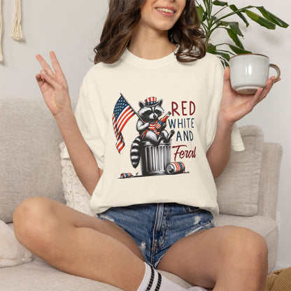 T-Shirt — 'Red, White and Feral' Raccoon American Flag Graphic