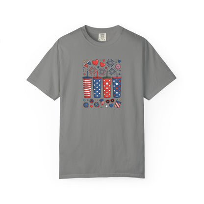 Patriotic Fireworks Cups T-Shirt — USA 4th of July Graphic Tee
