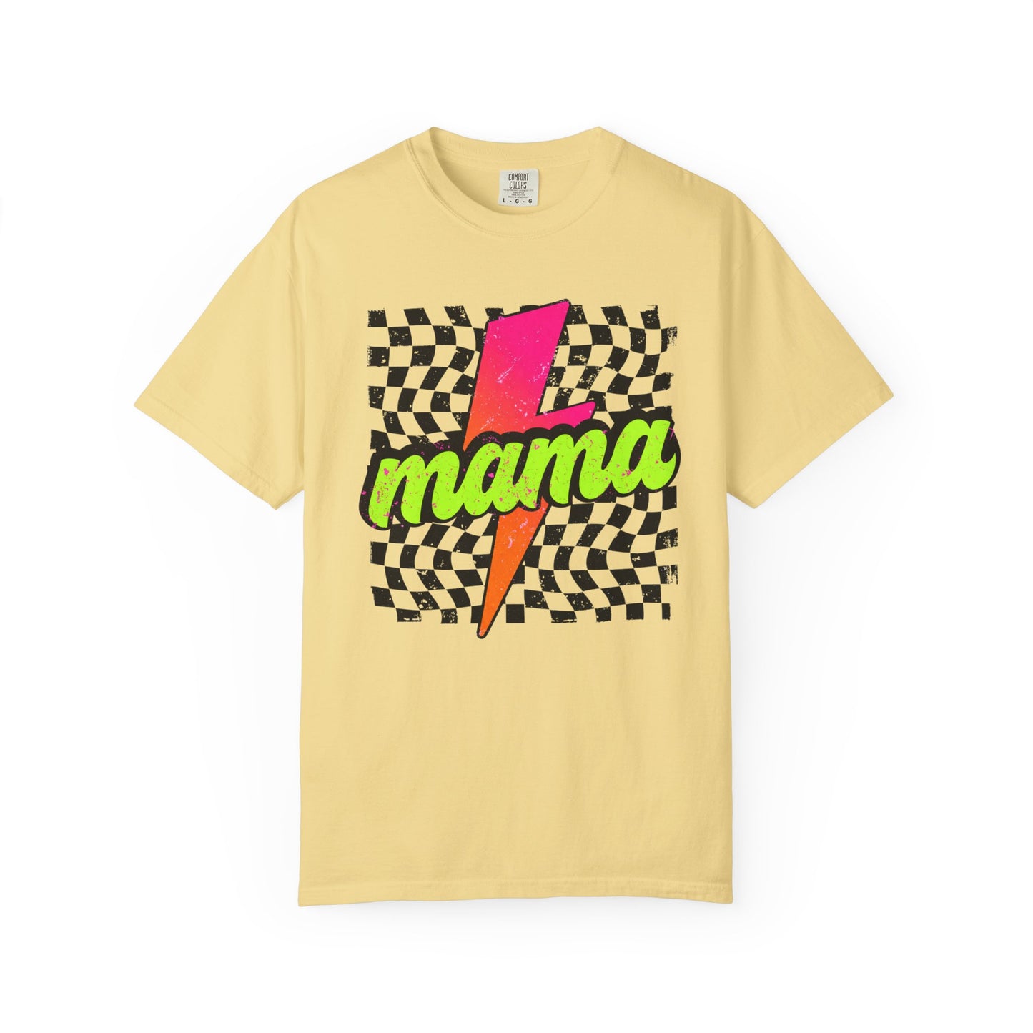Mama Lightning Bolt T-Shirt — Retro Neon Checkered Graphic Tee for Moms