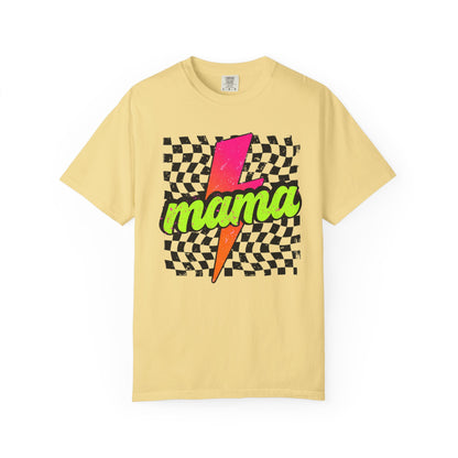 Mama Lightning Bolt T-Shirt — Retro Neon Checkered Graphic Tee for Moms