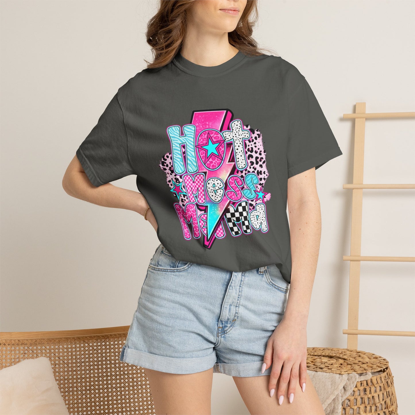 Retro Hot Mess Mama T-Shirt — Pink Lightning Graphic Tee