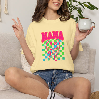 Mama Meltdown Graphic T-Shirt — Neon Checkerboard Drip Design