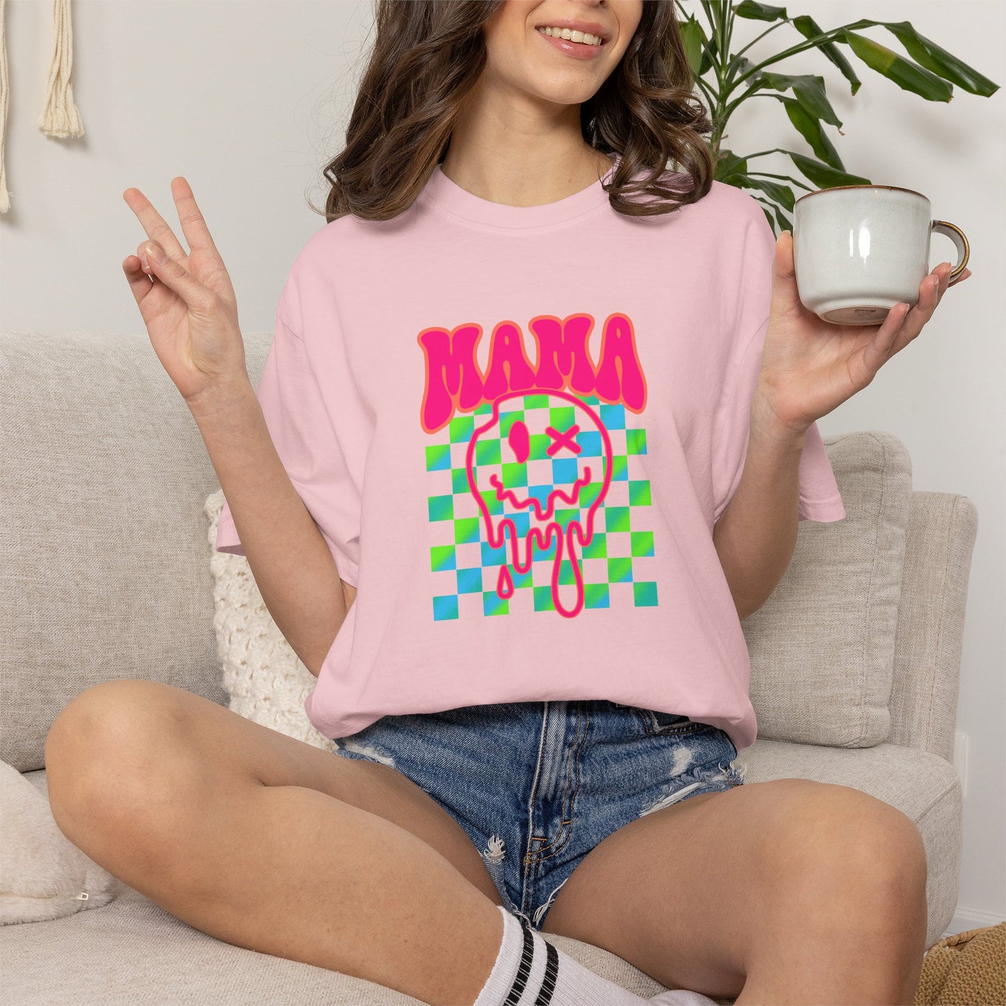 Mama Meltdown Graphic T-Shirt — Neon Checkerboard Drip Design