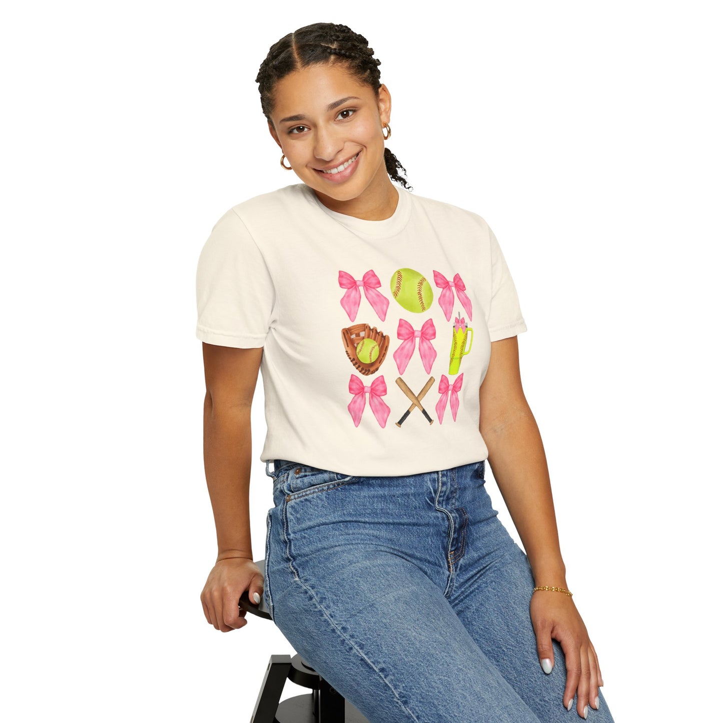 Softball Mom Graphic T‑Shirt — Pink Bows, Glove & Bat Design