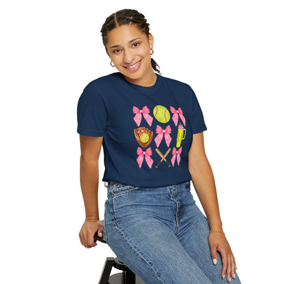 Softball Mom Graphic T‑Shirt — Pink Bows, Glove & Bat Design
