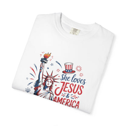 She Loves Jesus & America Tee — Patriotic Statue of Liberty Christian T-Shirt