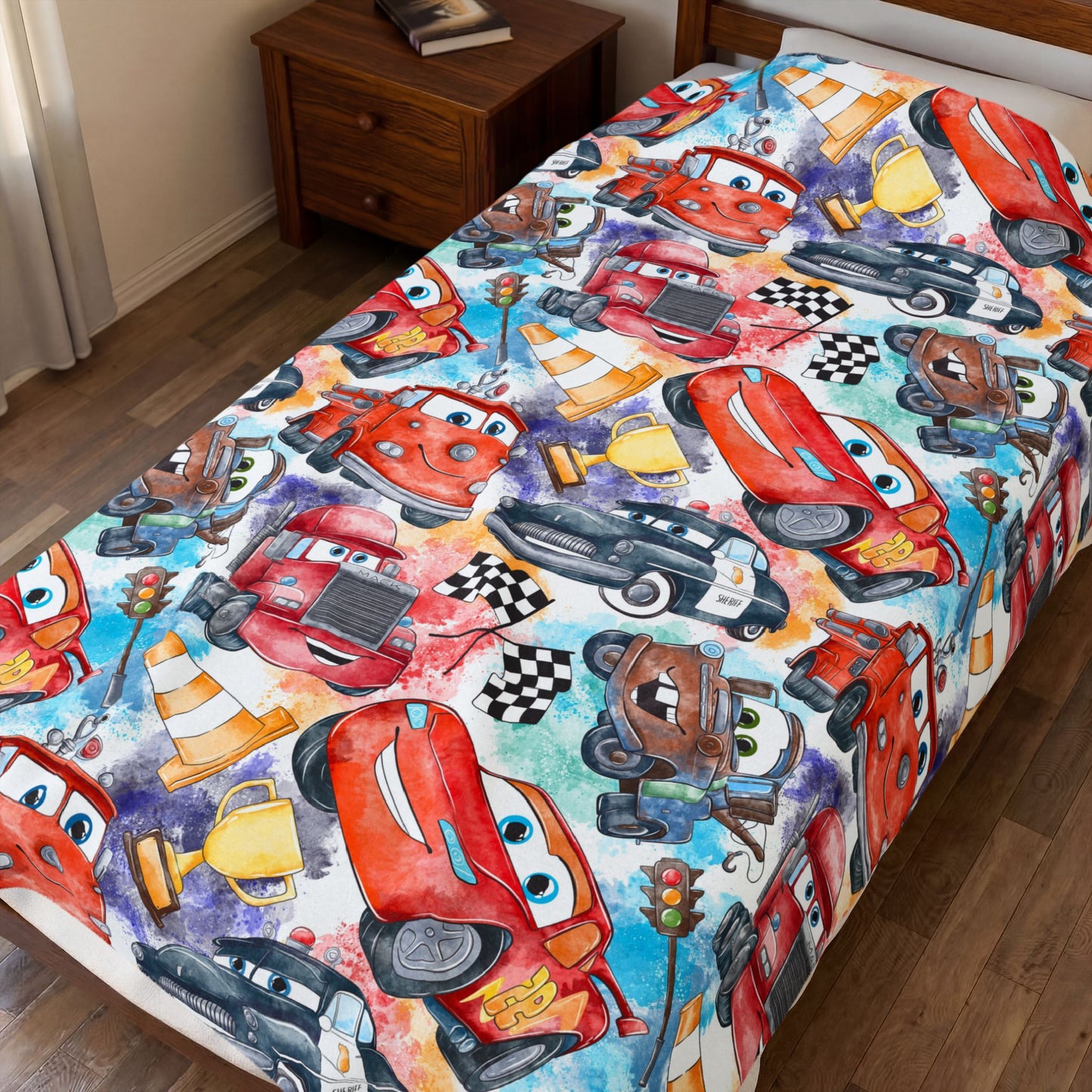 Kids' Plush Velveteen Blanket — Colorful Cartoon Race Car Pattern