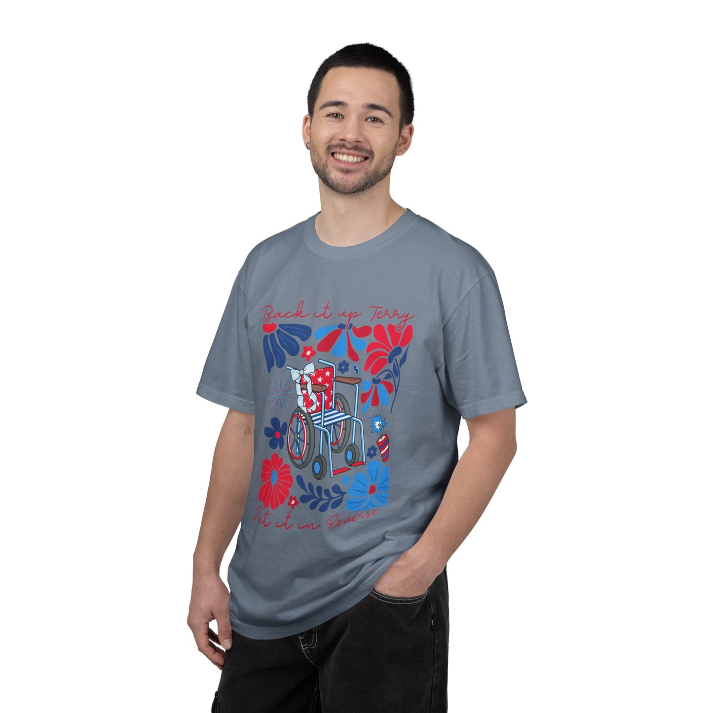Fourth of July Beach Wheelchair T-Shirt — Patriotic Floral "Pack it up, Jerry" Tee