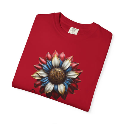 America Sunflower T-Shirt — Patriotic Red White Blue Floral Tee