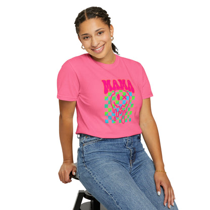 Mama Meltdown Graphic T-Shirt — Neon Checkerboard Drip Design