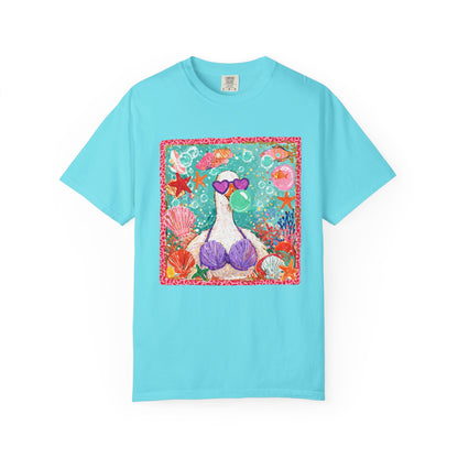Sea Duck Mermaid T-Shirt — Whimsical Beach Graphic Tee with Sunglasses & Shell Bra