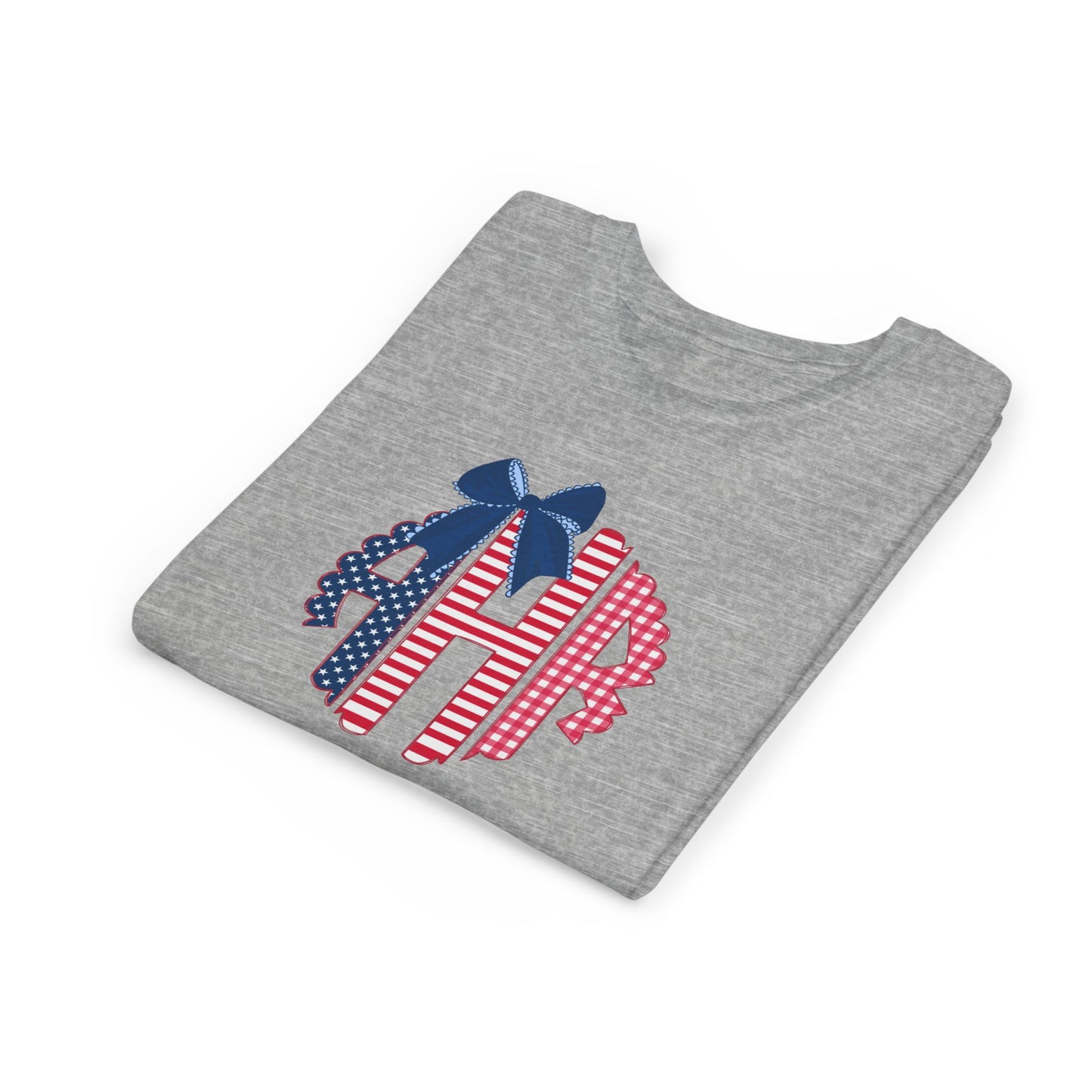 Youth Tee - American Flag Monogram with Bow (Patriotic 4th of July)