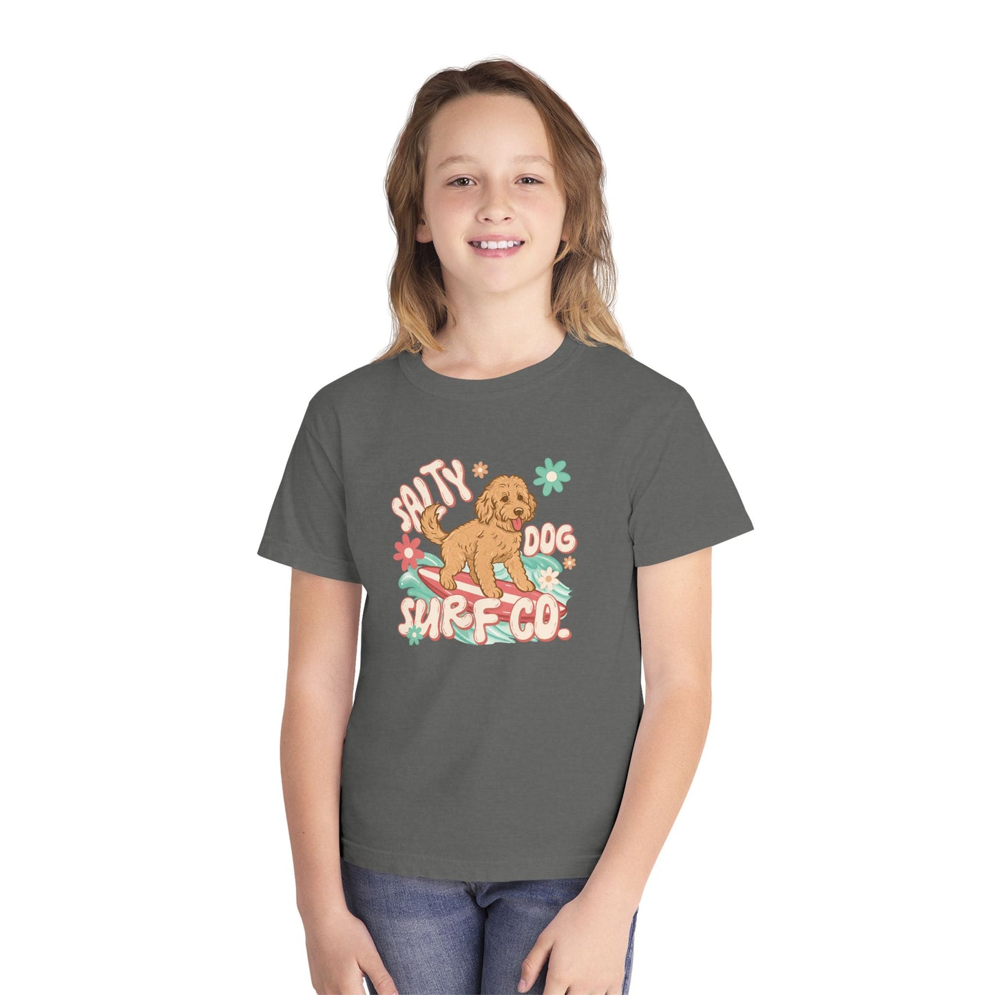 Youth Surf Dog Tee — Cute Retro Beach Puppy Graphic Tee