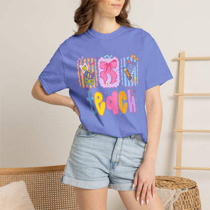 Teacher Gift T‑Shirt — Colorful 'Teach' Classroom Apple & Supplies Design
