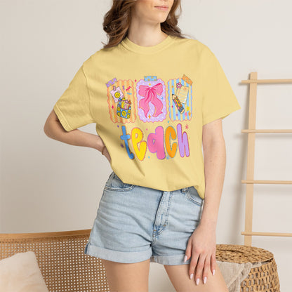Teacher Gift T‑Shirt — Colorful 'Teach' Classroom Apple & Supplies Design