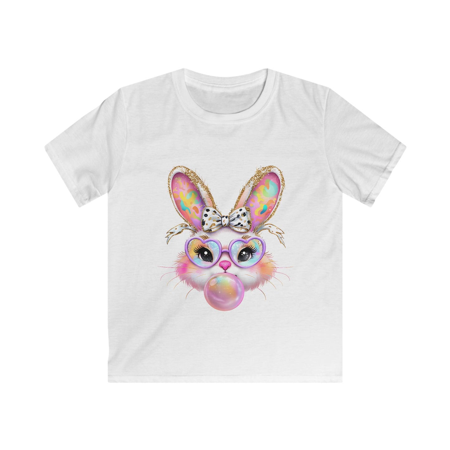 Kids Bunny Bubble Gum T‑Shirt — Cute Pastel Bunny with Glasses & Bow